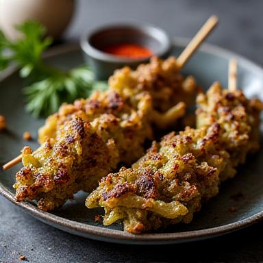 串に刺さったバッタの山椒串焼き。