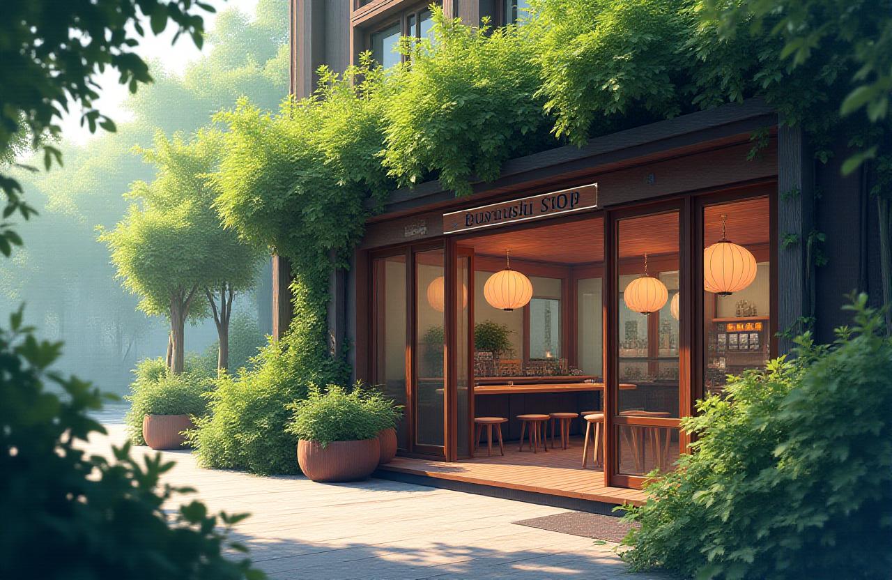 Suzumushi Stopの緑豊かな屋外テラス席。