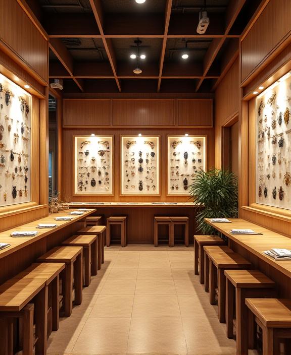 木材を基調とした店内に、昆虫の標本が飾られている様子。