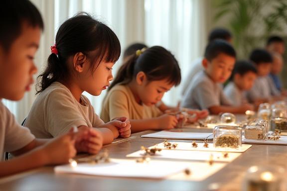 子供たちが熱心に昆虫を観察しているワークショップの様子。